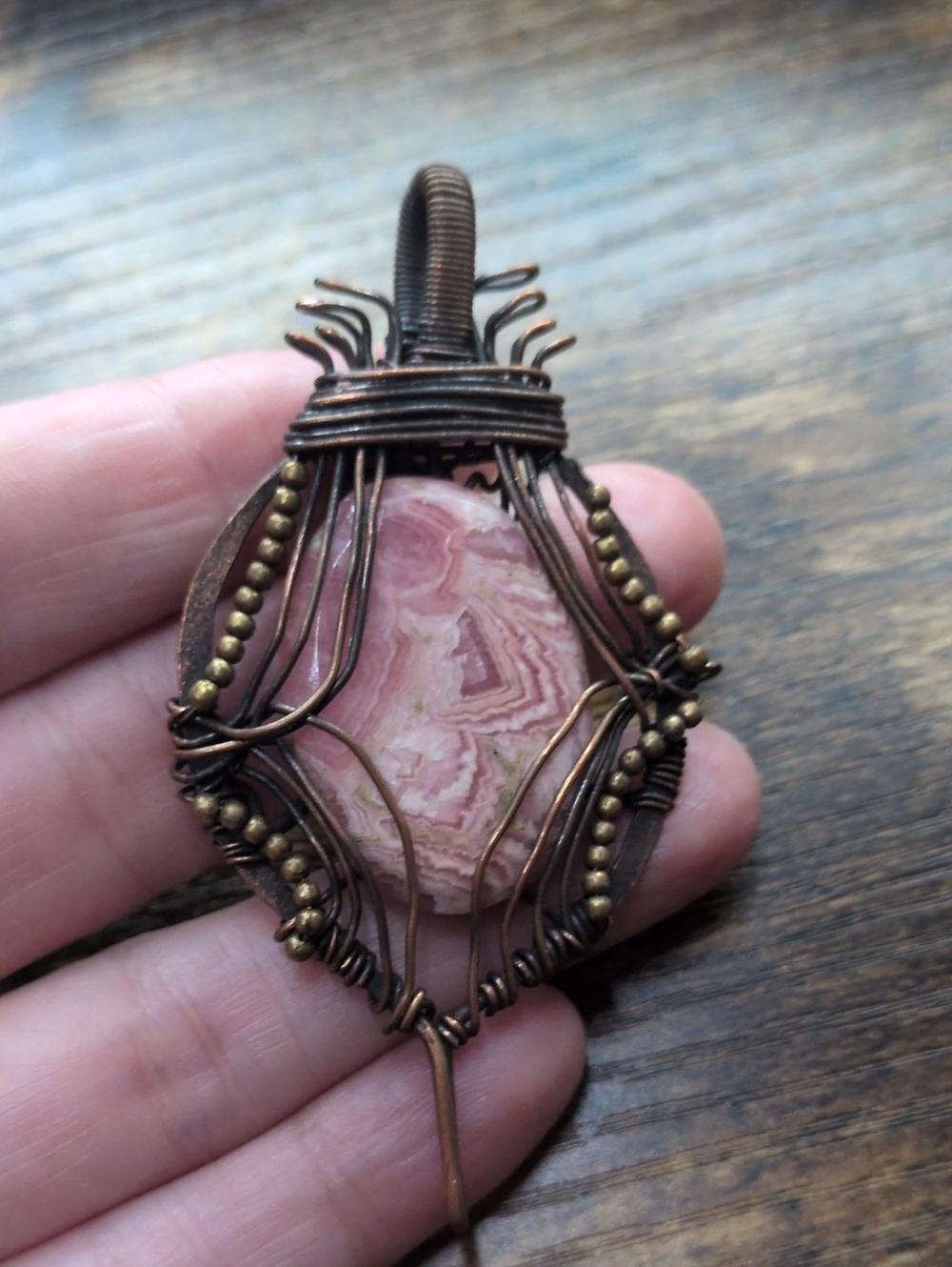 Handcrafted Pink Rhodochrosite Wire-Wrapped Pendant